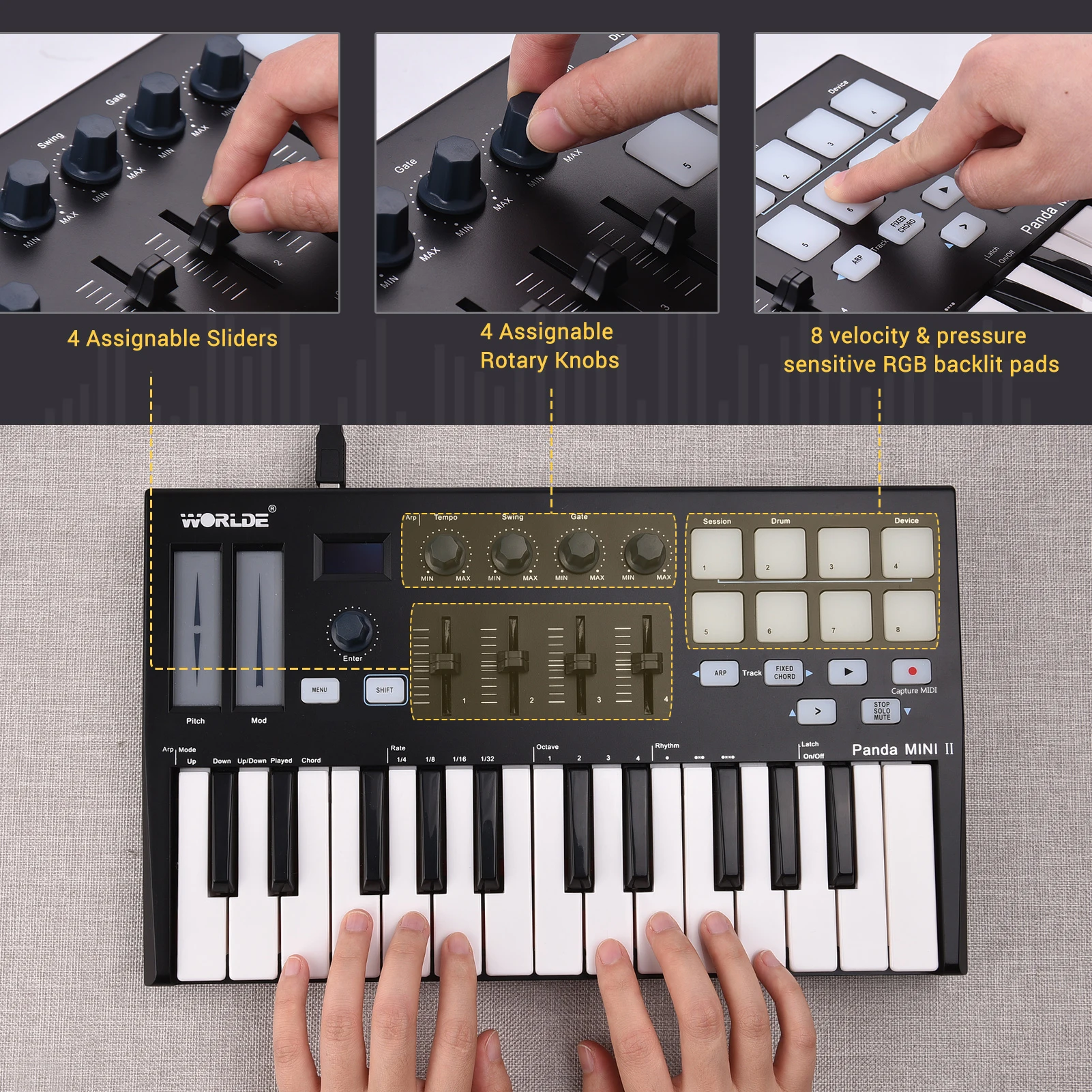 WORLDE Panda MINI II 25-Key USB MIDI Keyboard Controller Piano 8 RGB Backlit Trigger Pads Midi Pad - Image 2