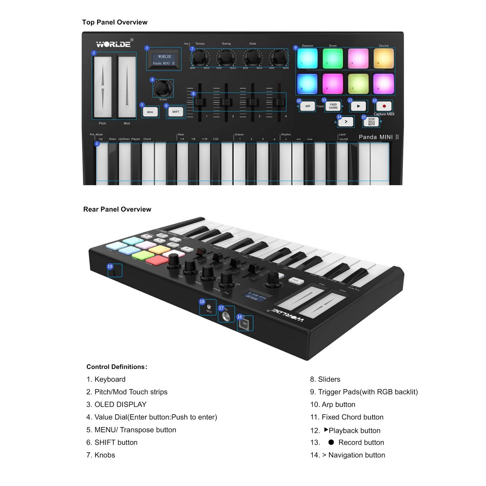 WORLDE Panda MINI II 25-Key USB MIDI Keyboard Controller Piano 8 RGB Backlit Trigger Pads Midi Pad - Image 5