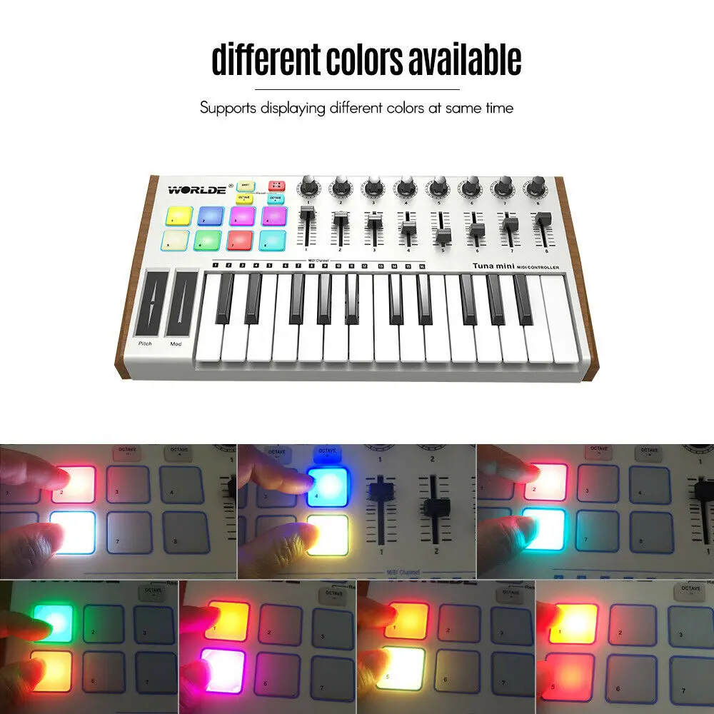 WORLDE TUNA MINI Ultra-Portable 25-Key USB MIDI Keyboard Controller 8 RGB Backlit Trigger Pads with 6.35mm Pedal Jack - Image 2