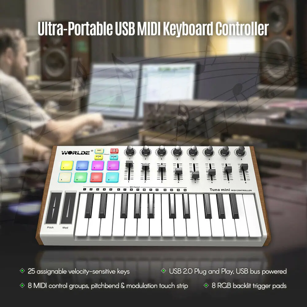 WORLDE TUNA MINI Ultra-Portable 25-Key USB MIDI Keyboard Controller 8 RGB Backlit Trigger Pads with 6.35mm Pedal Jack - Image 3