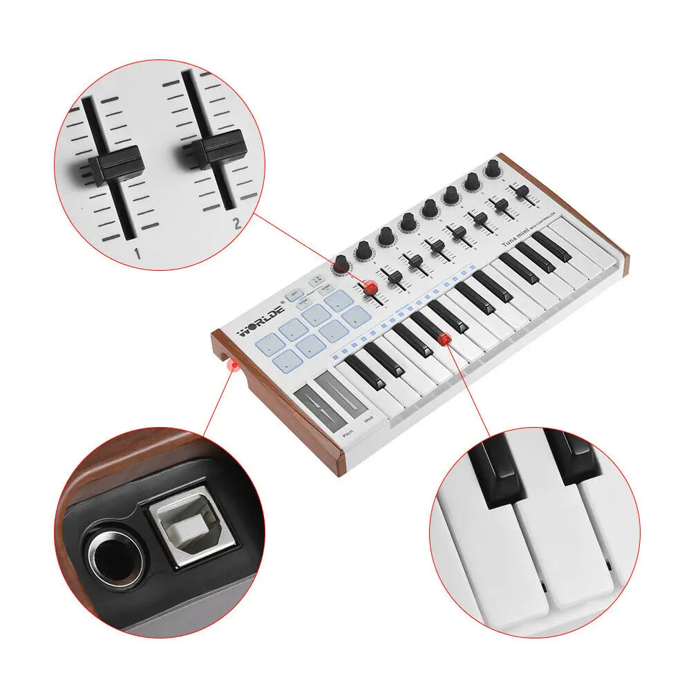 WORLDE TUNA MINI Ultra-Portable 25-Key USB MIDI Keyboard Controller 8 RGB Backlit Trigger Pads with 6.35mm Pedal Jack - Image 4