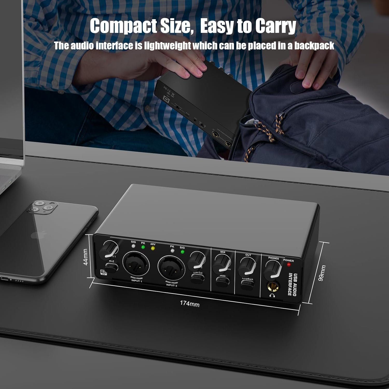 USB Audio Interface Sound Card RHM 2 In 2 Out Audio Interface Sound Board with 48V Phantom Power for Recording Audio - Image 3