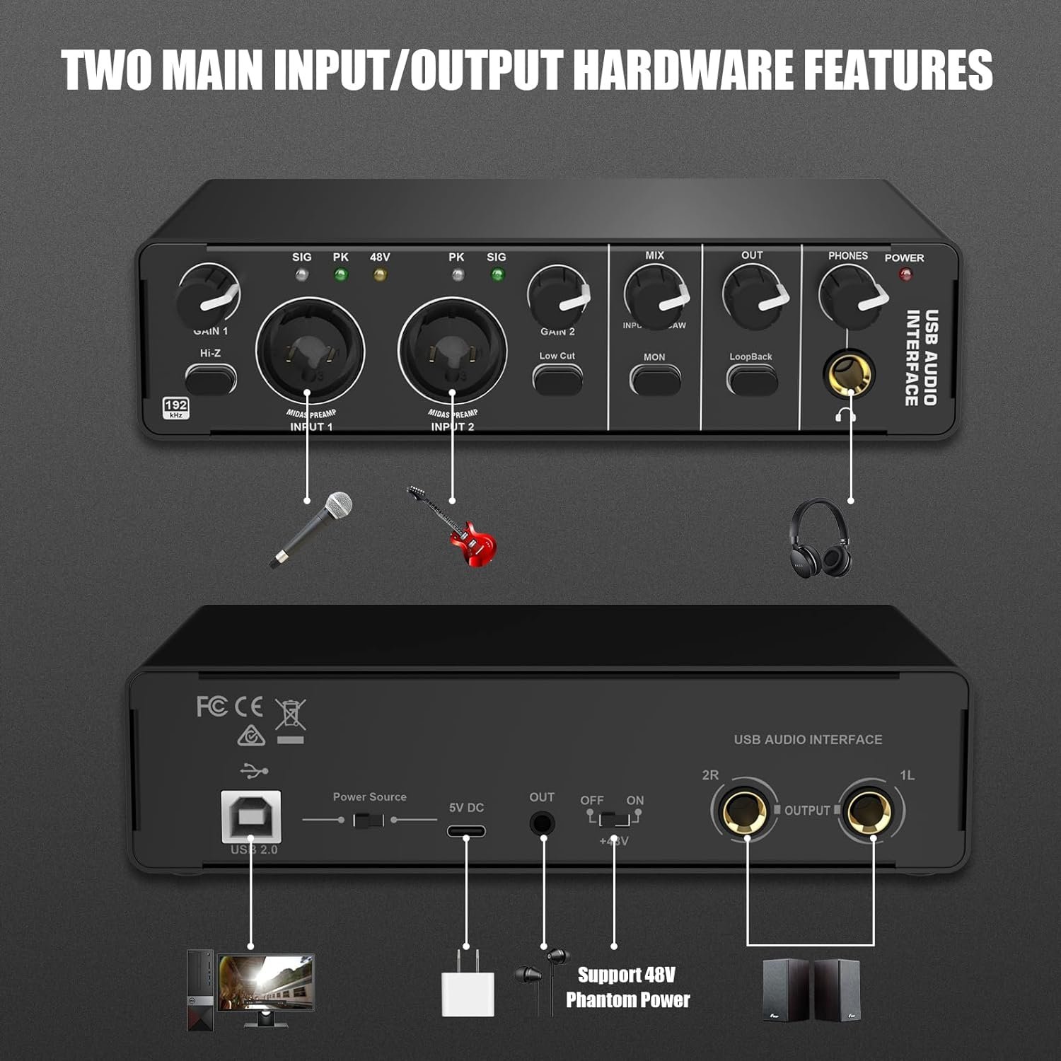 USB Audio Interface Sound Card RHM 2 In 2 Out Audio Interface Sound Board with 48V Phantom Power for Recording Audio - Image 4
