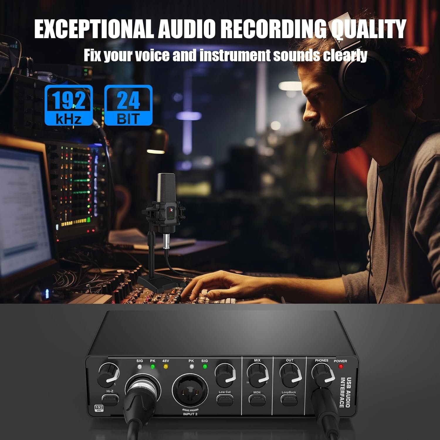 USB Audio Interface Sound Card RHM 2 In 2 Out Audio Interface Sound Board with 48V Phantom Power for Recording Audio - Image 5
