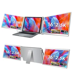 360° Rotation 2.5K 16 Inch Portable Tri-screen Monitor Fit 12-18.5 Inch Laptop Monitor Extender Gaming Travel Portable Monitor